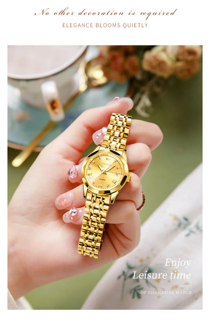 OLEVS Fashion Luxury Golden Watch For Women Stainless Steel Wristwatch Elegant Rhombus Quartz Waterproof Women's Watches Reloj