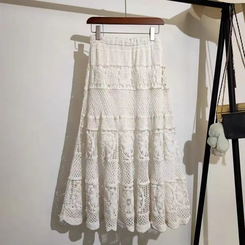 Bohemian Style Hollow Out Crochet Gentle Elastic Waist A-word Skirt 2025 New Lace High Waist Thin Hip-wrapped Skirt