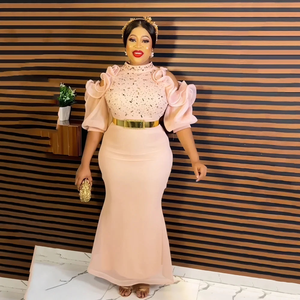 African American evening dress gauze off-the-shoulder belt diamond African mom dress