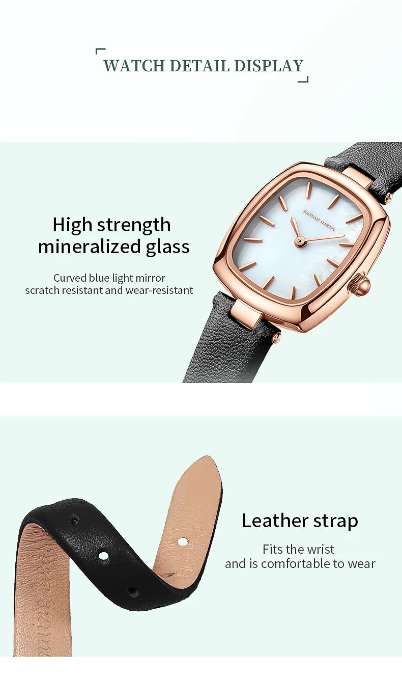 2024 New Womens Watch Hannah Martin Original Leather Rose Gold Simple Quartz Watch Top Brand 3Bar Waterproof Fashion Women Watch