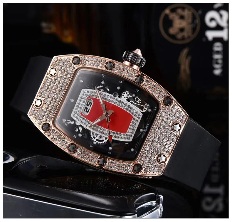 Manufacturer's spot supply, business fashion diamond-set, women's quartz watch red lip wine barrel-shaped watch