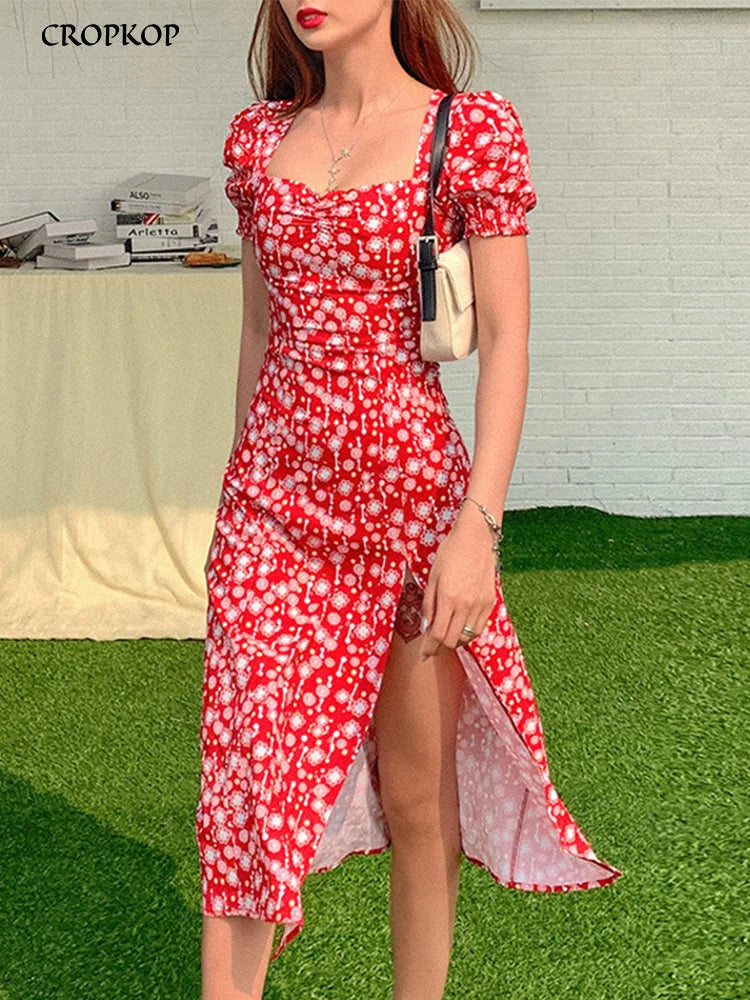 Summer Women's Red Puffed Sleeve Floral Dress,Beach Dresses For Women,Fashion Summer Dresses 2024,Womans Clothing,Long Dresses