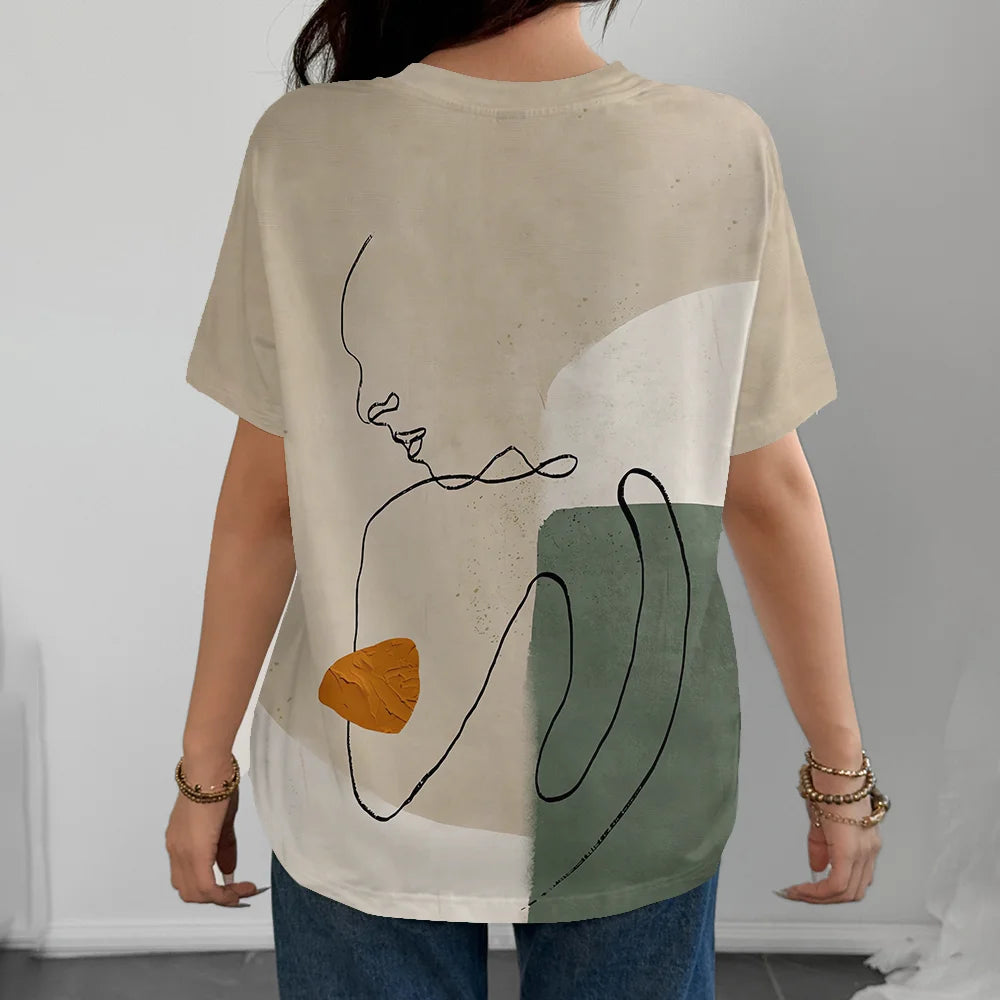 Rice Green Abstract Line Art Women's T-shirt Simple Casual Fashion Summer Round Neck Short Sleeve