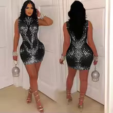 Z2255 Cross-Border Summer New Women's Clothing Sexy Mesh Rhinestone Sleeveless Dress Mini Dress Bodycon Skirt Women's
