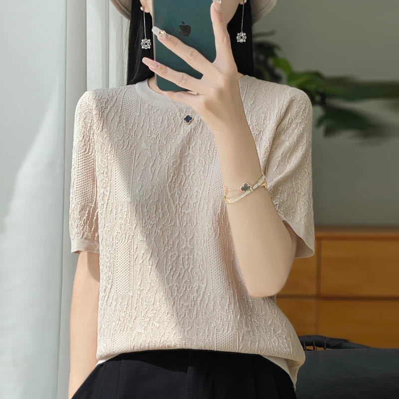 Women's T-shirt Summer Worsted Wool Sweater Short Sleeve Casual Solid Color Ladies' Clothes Round Neck Tops Loose Blouse