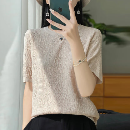 Women's T-shirt Summer Worsted Wool Sweater Short Sleeve Casual Solid Color Ladies' Clothes Round Neck Tops Loose Blouse