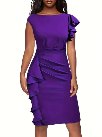 Solid Ruffle Trim Dress, Elegant Bodycon Sleeveless Pencil Dress For Party & Banquet, Women's Clothing