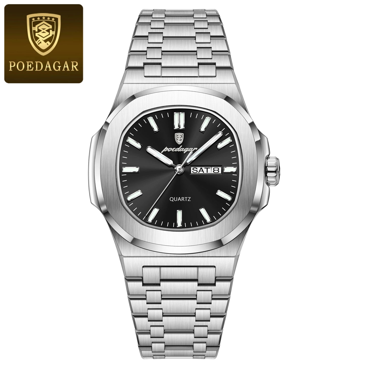 POEDAGAR Trendy Square Men's Watches Waterproof Luminous Date Week Man Clock Stainless Steel Exquisite Quartz Men Wristwatch+Box