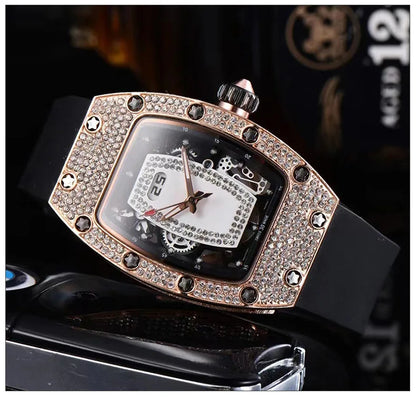 Manufacturer's spot supply, business fashion diamond-set, women's quartz watch red lip wine barrel-shaped watch