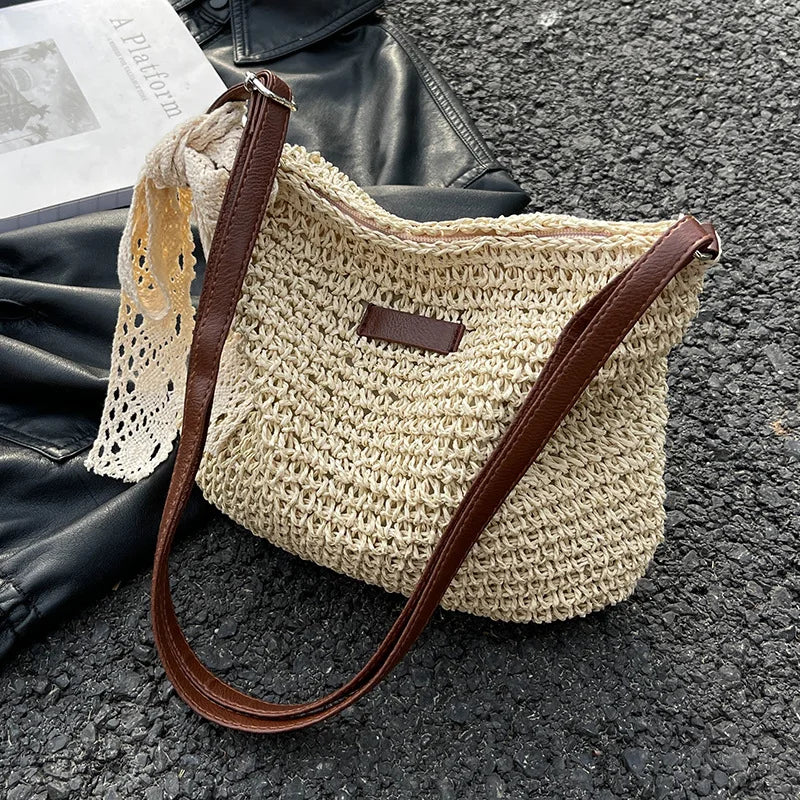 Vintage Women Woven Shoulder Bag Solid Color Lace Ribbon Tote Handbags Wicker Boho Straw Bag for Summer Beach Handle Beige Bags