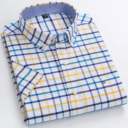 Men's Oxford Short Sleeve Square Collar Soild Plaid Striped Summer Casual Shirts Single Pocket Comfortable Cotton Shirt