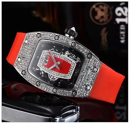 Manufacturer's spot supply, business fashion diamond-set, women's quartz watch red lip wine barrel-shaped watch