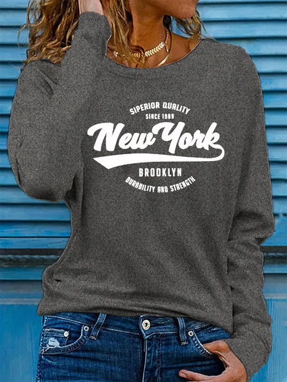 100% pure cotton women's spring and autumn loose and comfortable NEW YORK letter pattern printed long sleeved round neck T-shirt