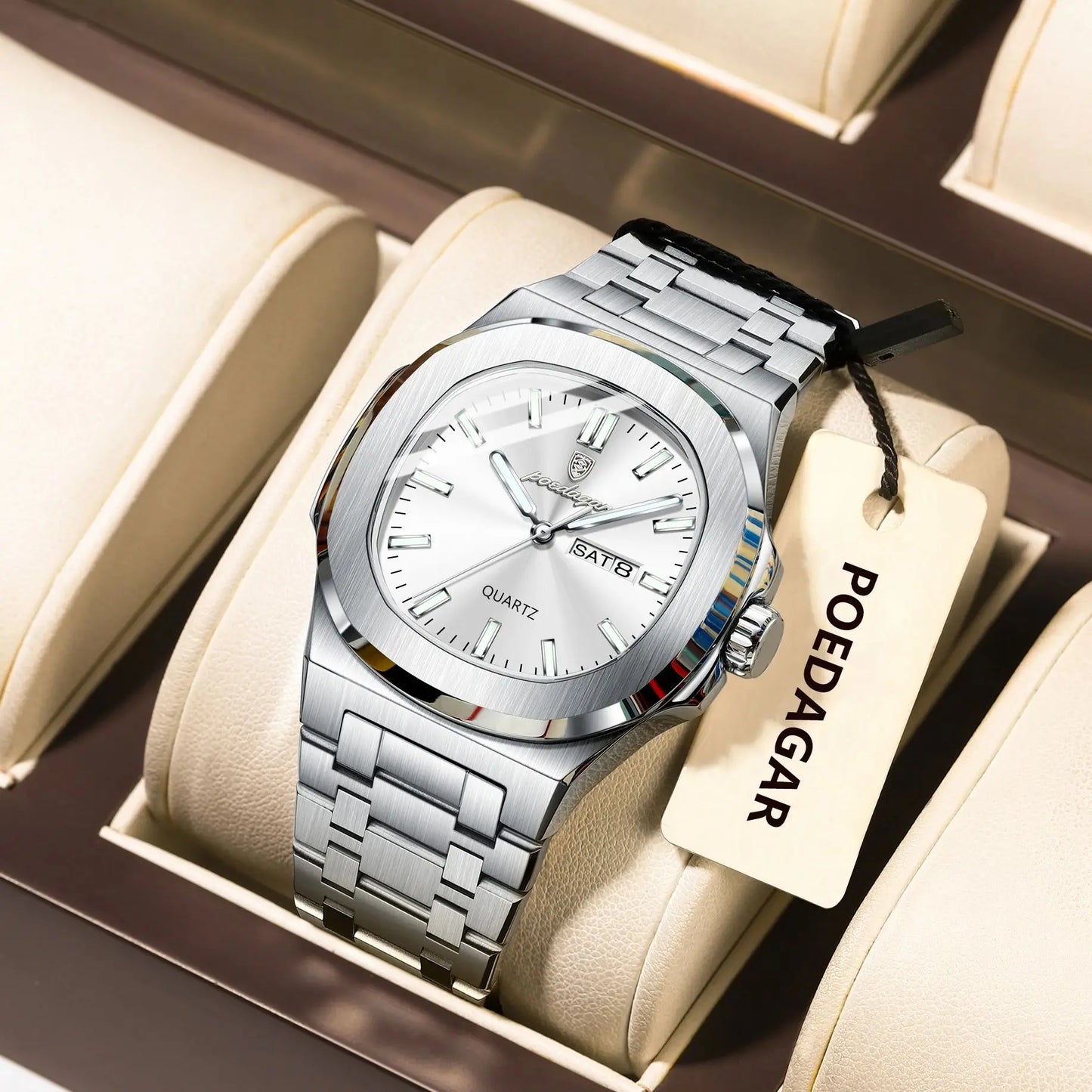 POEDAGAR Trendy Square Men's Watches Waterproof Luminous Date Week Man Clock Stainless Steel Exquisite Quartz Men Wristwatch+Box