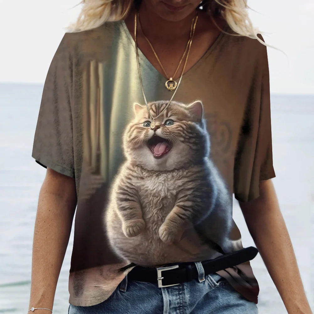 Fashion Women's T-shirt Cat Print Short Sleeve Clothes Female Harajuku Tees Ladies T Shirt Oversized Tops Animal Women Clothing