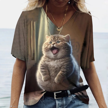 Fashion Women's T-shirt Cat Print Short Sleeve Clothes Female Harajuku Tees Ladies T Shirt Oversized Tops Animal Women Clothing