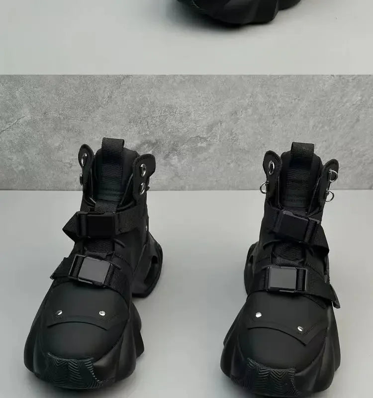 Men's High Top Thick Soled Height Increasing Comfort Waterproof Anti Slip Sports Shoes Buckle Belt Wear-resistant Fashion Boots