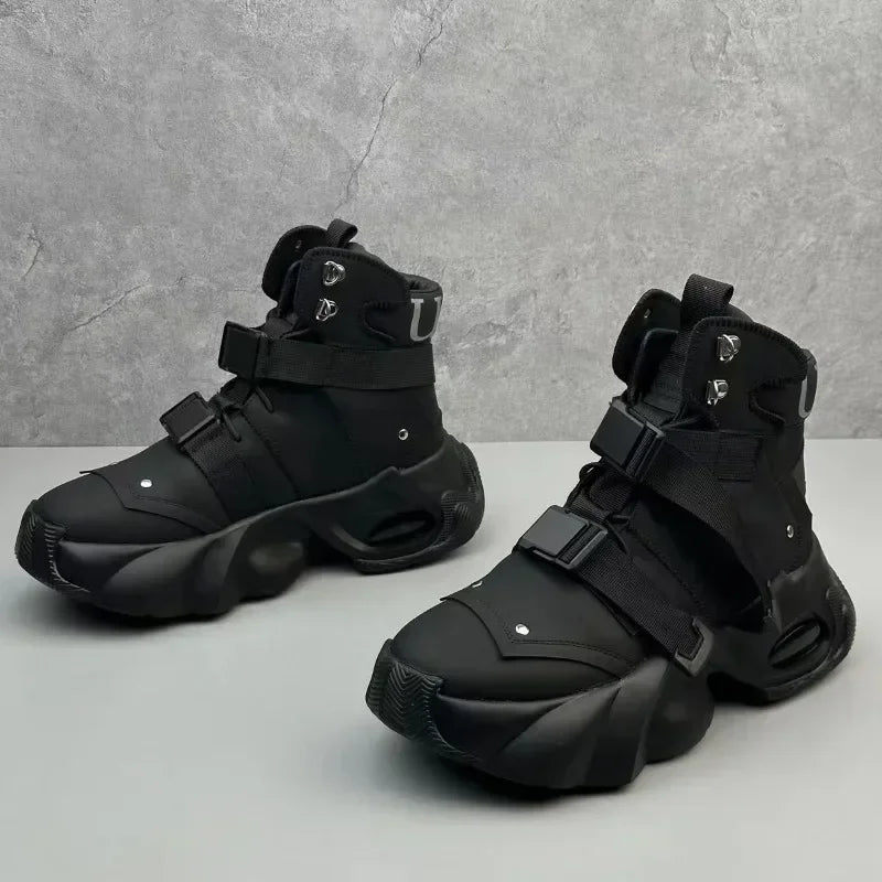 Men's High Top Thick Soled Height Increasing Comfort Waterproof Anti Slip Sports Shoes Buckle Belt Wear-resistant Fashion Boots