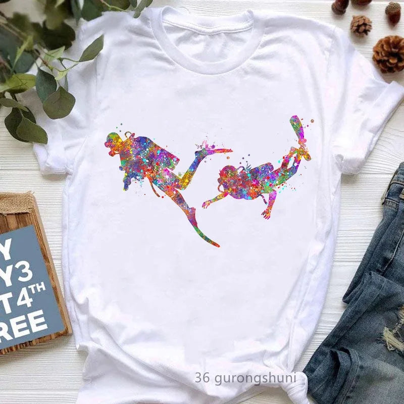 Watercolor Scuba Diving Lover Printed Sports Art Tee Shirt Femme Cute Summer Top Woman Clothes Ropa Mujer Custom Tshirt