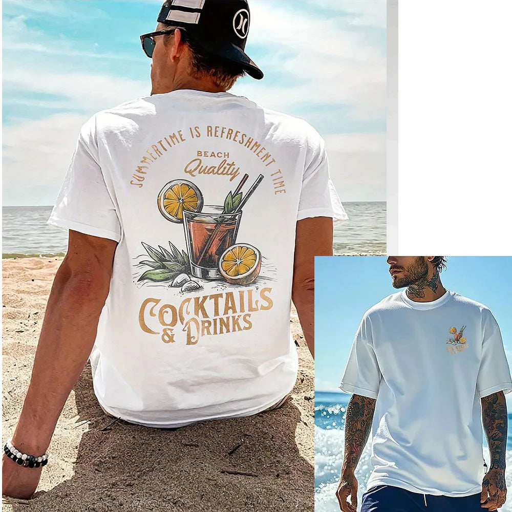 COCKTAILS DRINKS Printed T-shirt Men Summer Beach Short Sleeved Tops Unisex Casual Loose T Shirts Street Men's Cotton Tees