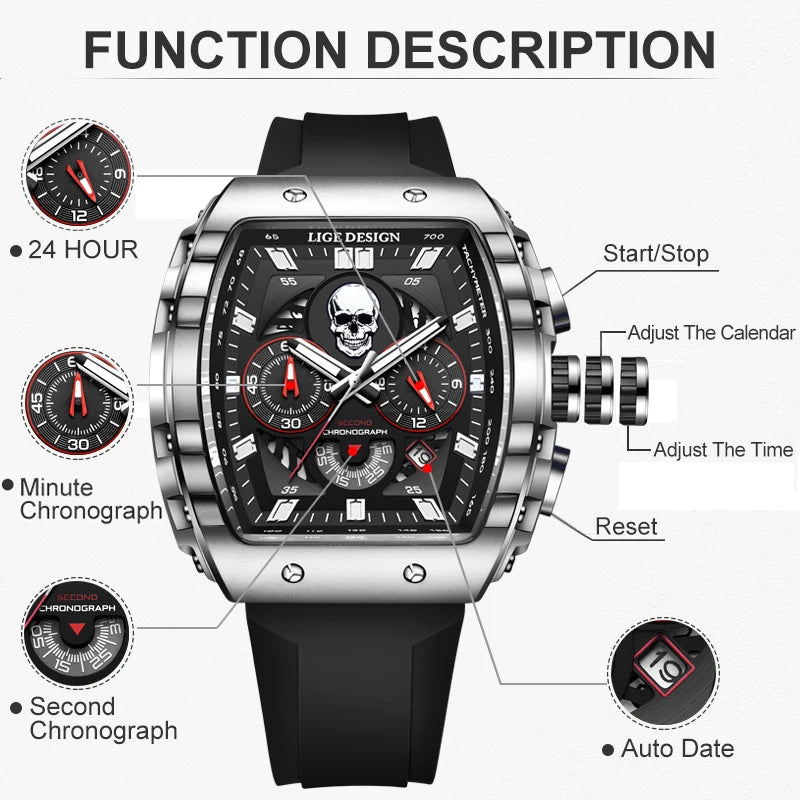 LIGE Men Watch Fashion Business Silicone Waterproof Watches for Men Military Sport Square Quartz Chronograph Relogios Masculino