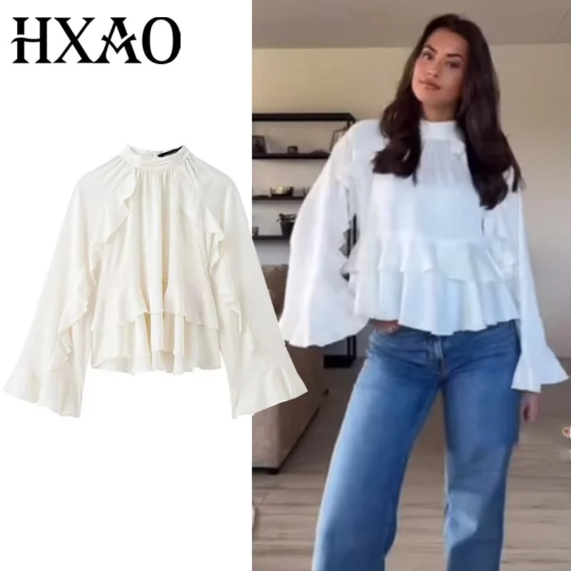 HXAO Woman Blouses Cropped Ruffle Blouse Long Sleeve Top Ruched Summer Plain Shirts Layered Beautiful Women's Blouses 088