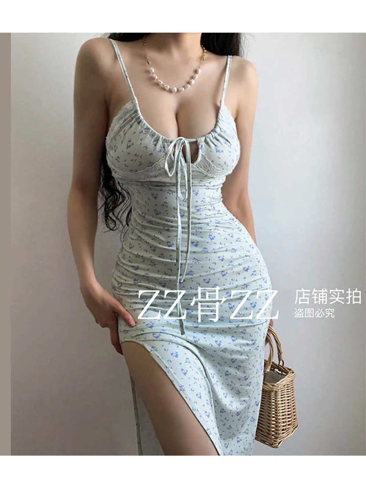 French Elegant Beach Vacation Style Print Side Split Print Dress With Hanging Strap Long Dress Robe Fashion Sweet 2024 New L7M4