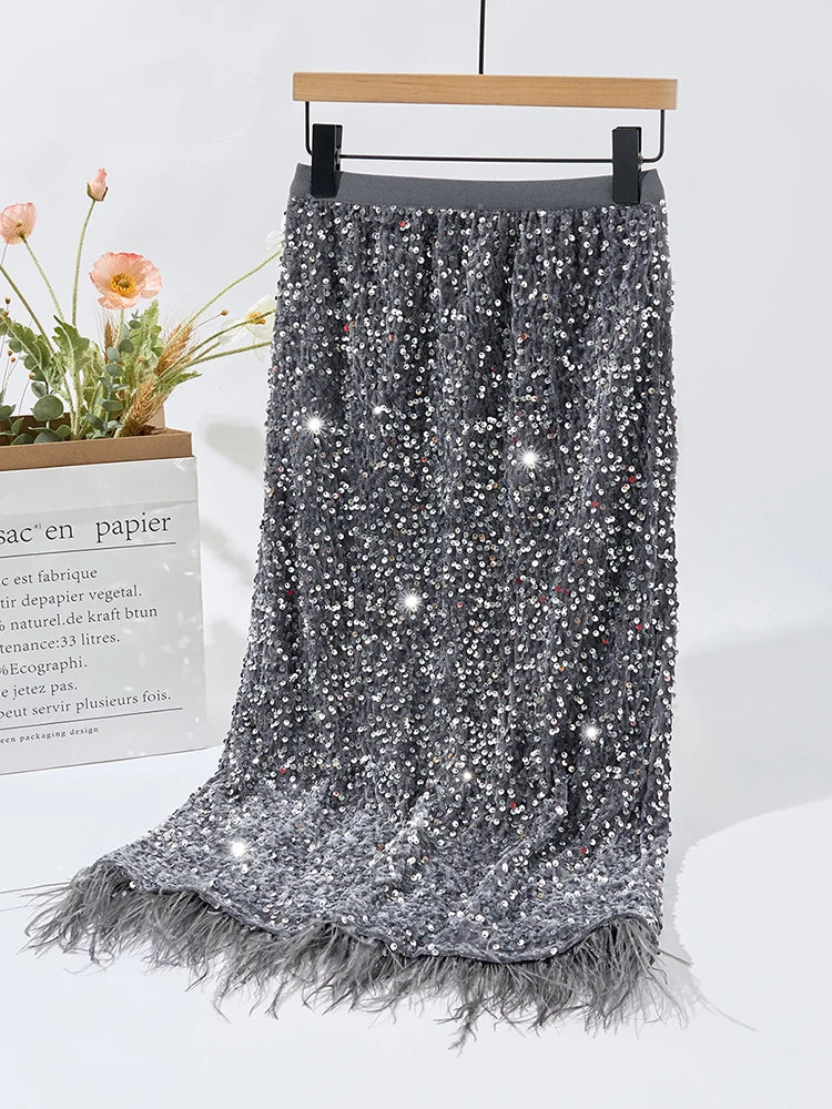 Party Holiday Women Sequined Feather Skirt 2025 Spring Fall Party Hip Skirt Slim Festival Female Chic Bottoms C-214