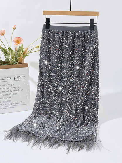 Party Holiday Women Sequined Feather Skirt 2025 Spring Fall Party Hip Skirt Slim Festival Female Chic Bottoms C-214