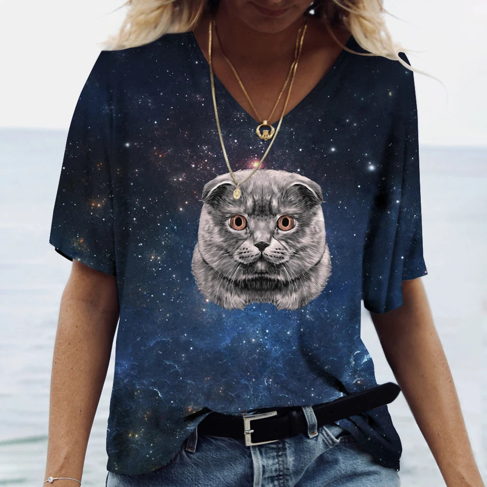Fashion Women's T-shirt Cat Print Short Sleeve Clothes Female Harajuku Tees Ladies T Shirt Oversized Tops Animal Women Clothing