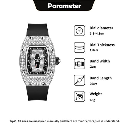 2024 Hot Fashion Diamond Watch For Women Elegant Iced Jewelry Watches Girl Sport Rubber Strap Tonneau Wristwatch Ladies Gift