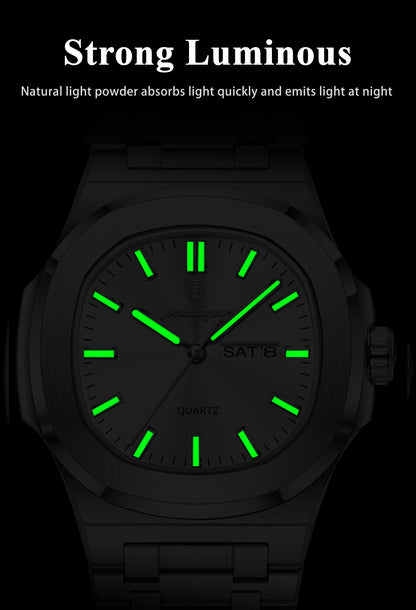 POEDAGAR Trendy Square Men's Watches Waterproof Luminous Date Week Man Clock Stainless Steel Exquisite Quartz Men Wristwatch+Box