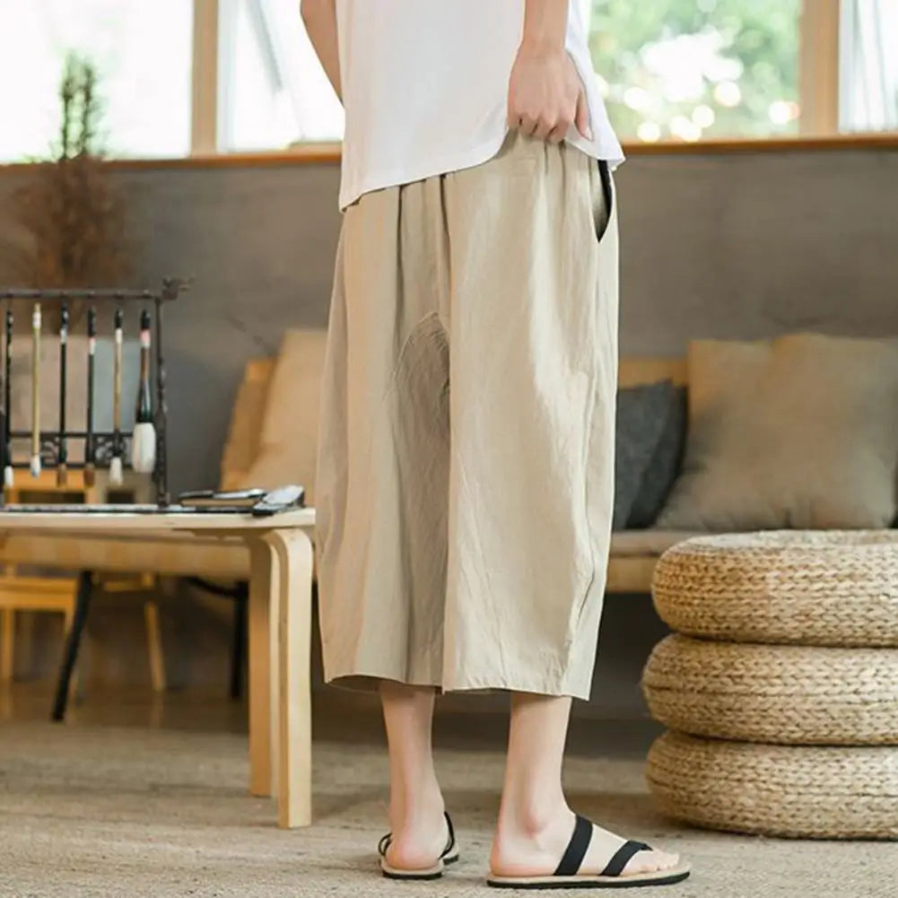 Beach Pants Solid Color Wide Leg Keep Cooling Pure Color Summer Trousers   Men Summer Trousers  Men Garment