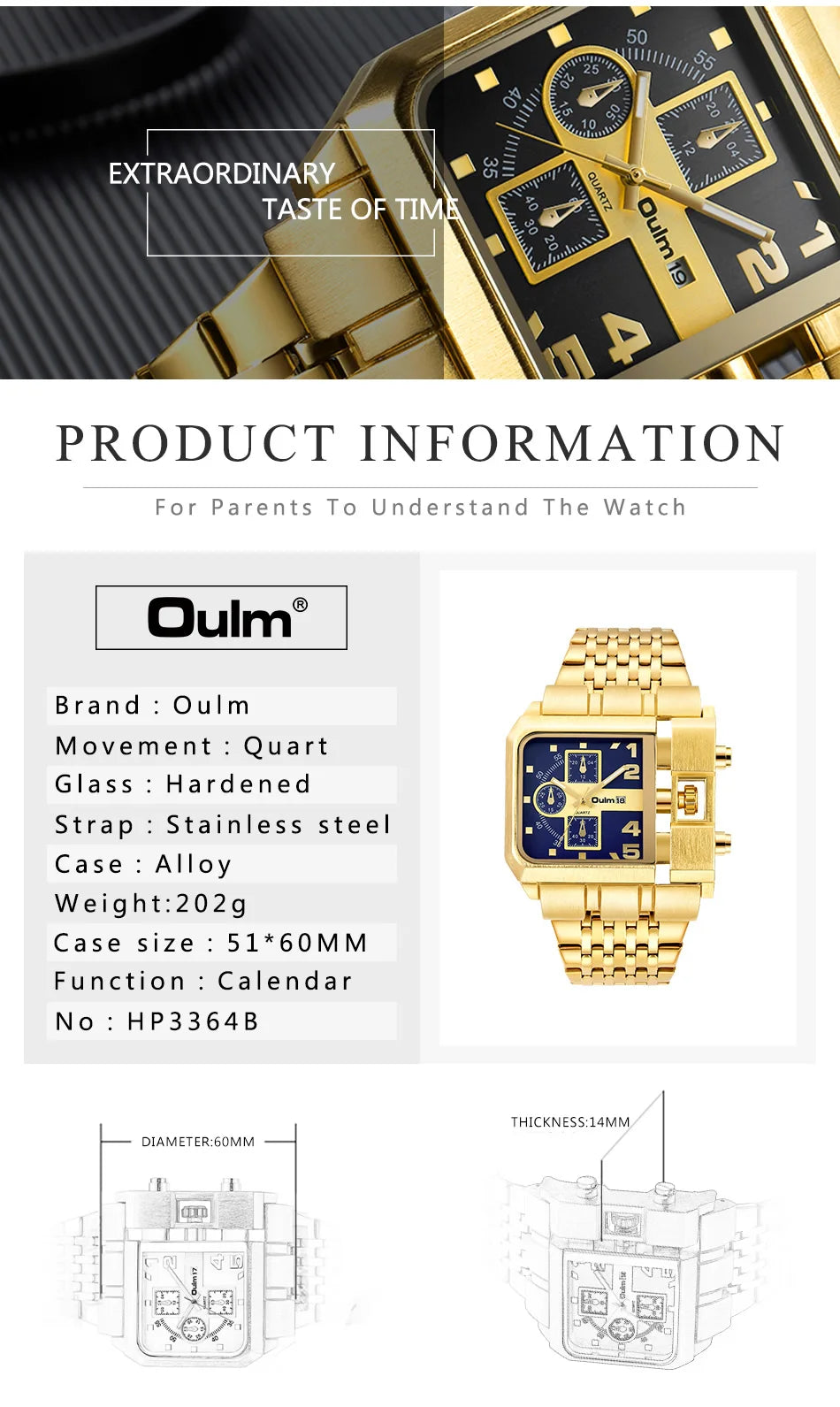 Oulm 3364 Luxury Brand Watch Stainless Steel Male Quartz Clock Auto Date Unique Military Men's Wristwatches Relogio Masculino