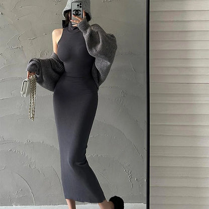 Y2K Red Skinny Sexy Turtleneck Midi Dress Women Evening Party Ladies Elastic Hip Wrap Elegant Bodycon Dresses