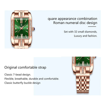 POEDAGAR Women Watch Fashion Luxury Diamond Green Dial Square Quartz Watches Stainless Steel Waterproof Ladies Wristwatch Gift