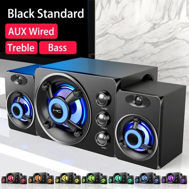 Powerful Bluetooth Speakers Colorful LED Home TV Theater Sound Wireless Subwoofer 3D Stereo Surround Wooden Material USB Wired
