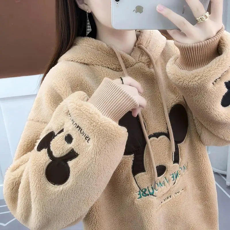 Korean popular clothes Cartoon Print Sweatshirt Thick PlushLining Hoodie Loose Korean Fashion All-match Oversized Kawaii Hoodies