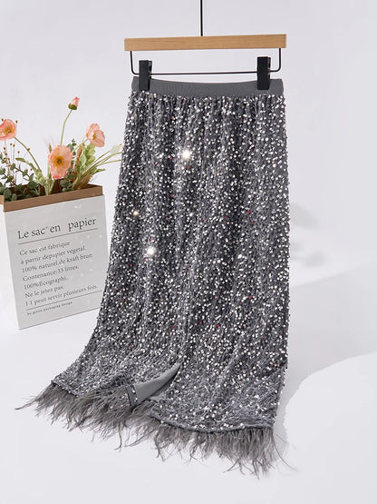 Party Holiday Women Sequined Feather Skirt 2025 Spring Fall Party Hip Skirt Slim Festival Female Chic Bottoms C-214