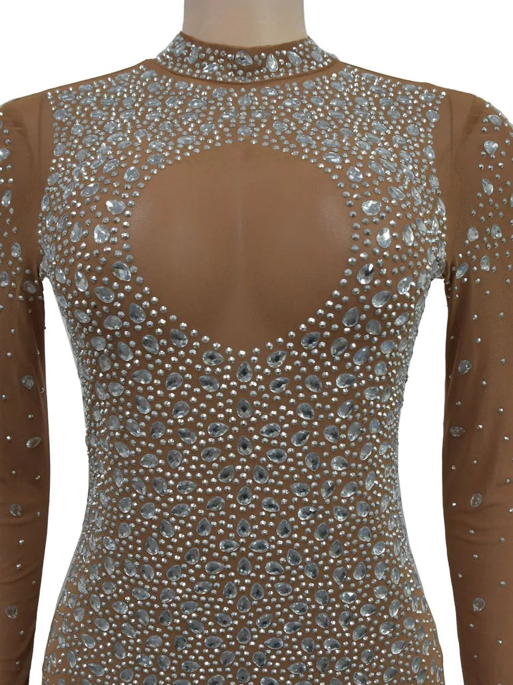 Kricesseen Women's Silver Rhinestone Long One-Piece Maxi Dress Glam Sheer Sequins Party Dresses Celebrities Outfits Clubwear