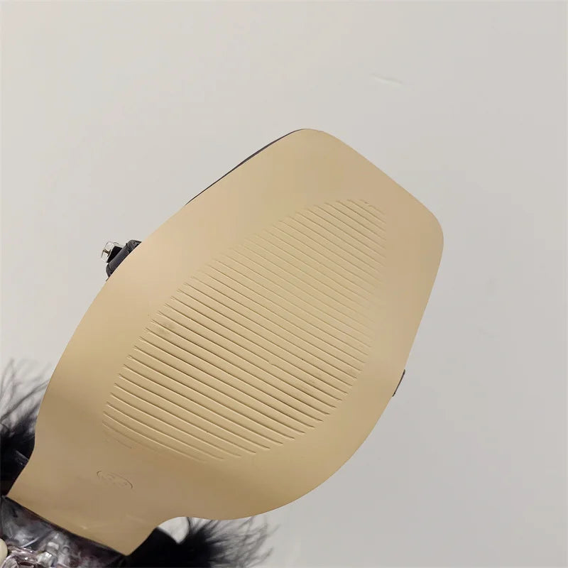 Liyke New Design Crystal Womens Sandals Fashion Fuzzy Feather Summer Transparent High Heels Sexy Party Banquet Shoes Blue White