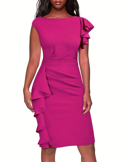 Solid Ruffle Trim Dress, Elegant Bodycon Sleeveless Pencil Dress For Party & Banquet, Women's Clothing