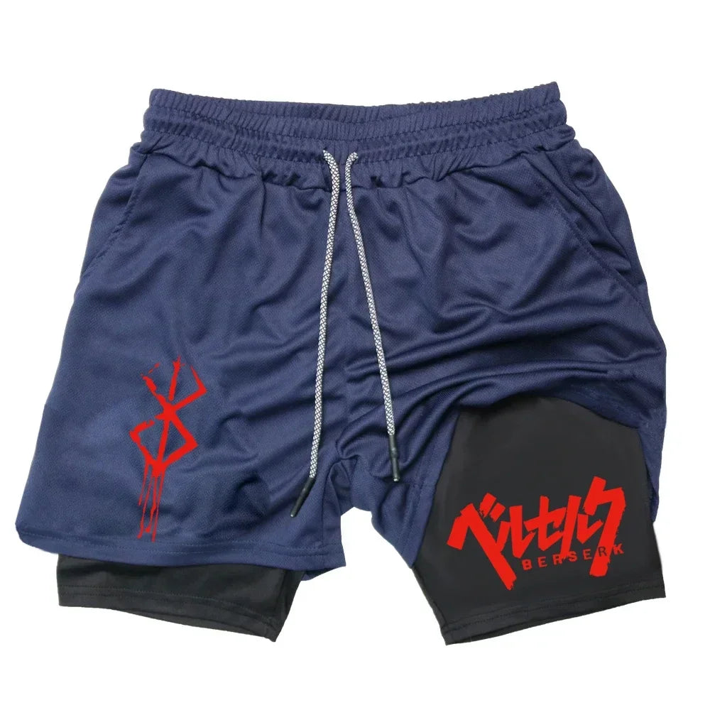 Men's Quick Drying Compression Shorts 2 in 1 GYM Breathable Shorts Printed Sports Fitness Double Layer Workout Tight Short Pants