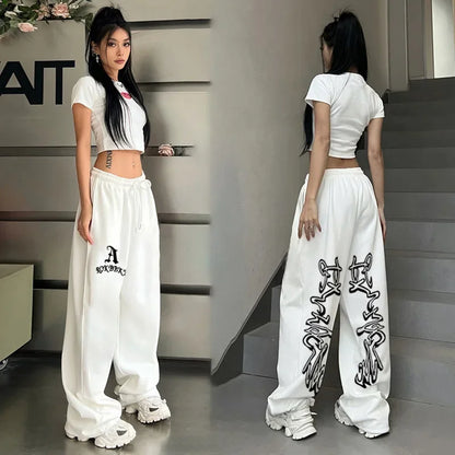 Korean Y2K Streetwear White Jogging Sweatpants Women Harajuku Sports Pants Oversized Hip Hop Letter Wide Leg Trousers
