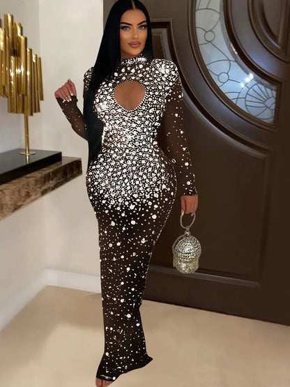 Kricesseen Women's Silver Rhinestone Long One-Piece Maxi Dress Glam Sheer Sequins Party Dresses Celebrities Outfits Clubwear
