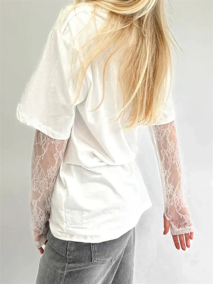 CHRONSTYLE Women Round Neck T-Shirts Lace Long Sleeve Casual Spring Fall Loose Fit Tops Solid Color Tees for Streetwear Y2K 00s