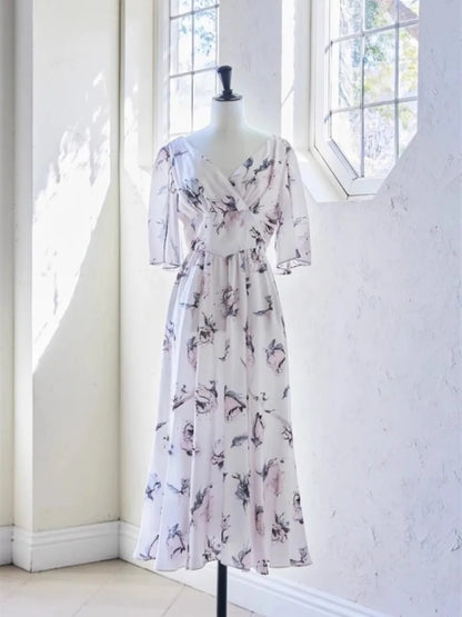 Kuzuwata Elegant V Neck Raglan Sleeve Rose Print Robe Lace Up High Waist Ruched Casual Mujer Japan New Slim Fit Sweet Dresses