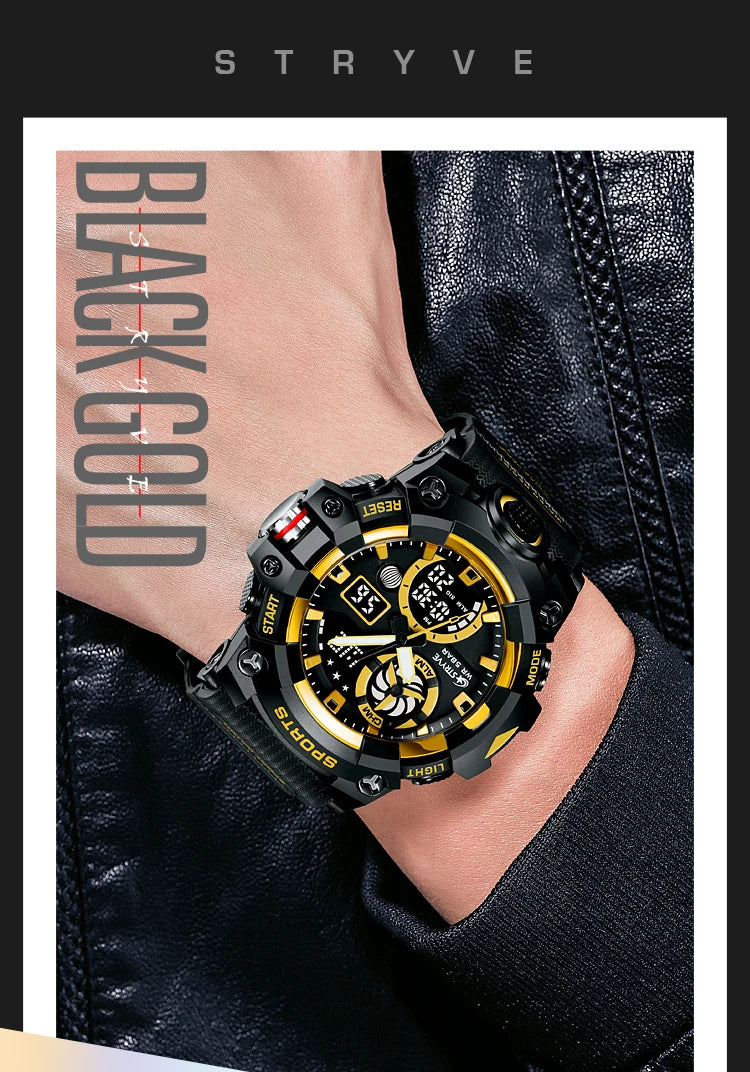 STRYVE Top Brand Electronic Watch For Men Outdoor Sports Waterproof Dual Time Display Quartz Wristwatches Rubber reloj hombre