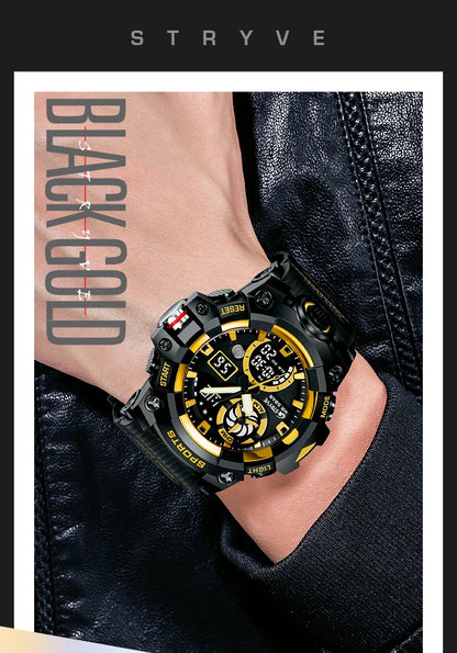 STRYVE Top Brand Electronic Watch For Men Outdoor Sports Waterproof Dual Time Display Quartz Wristwatches Rubber reloj hombre