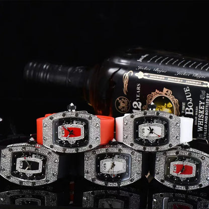 Manufacturer's spot supply, business fashion diamond-set, women's quartz watch red lip wine barrel-shaped watch